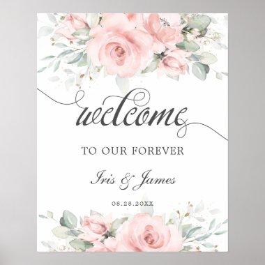 Soft Blush Floral Greenery Wedding Welcome Sign