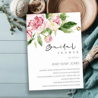 Soft Blush Floral Peony Watercolor Bridal Shower Invitations
