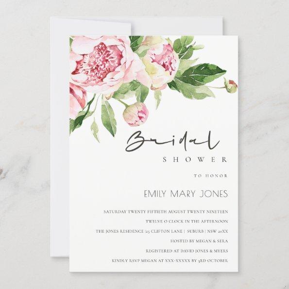 Soft Blush Floral Peony Watercolor Bridal Shower Invitations