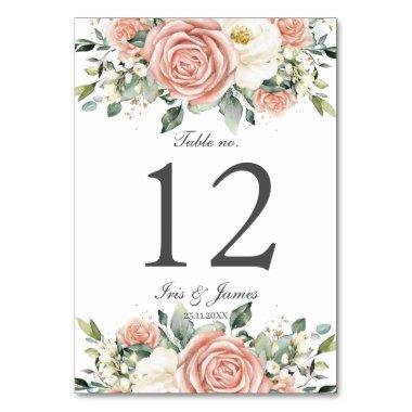 Soft Blush Ivory Floral Rose Wedding Bridal Shower Table Number