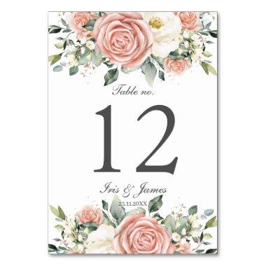 Soft Blush Ivory Floral Rose Wedding  Table Number