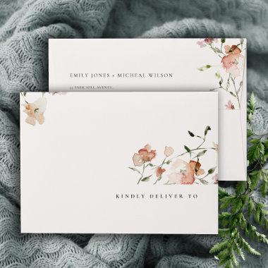 Soft Blush Meadow Floral Watercolor Wreath Wedding Envelope