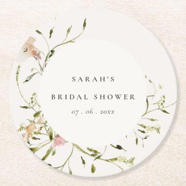 Soft Blush Meadow Floral Wreath Bridal Shower Round Paper Coaster