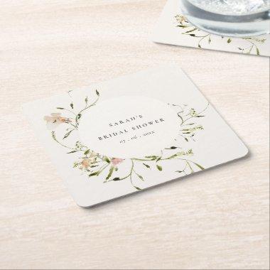 Soft Blush Meadow Floral Wreath  Square Paper Coaster