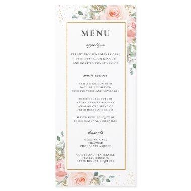 Soft Blush Pink Floral Gold Leafy Wedding Menu