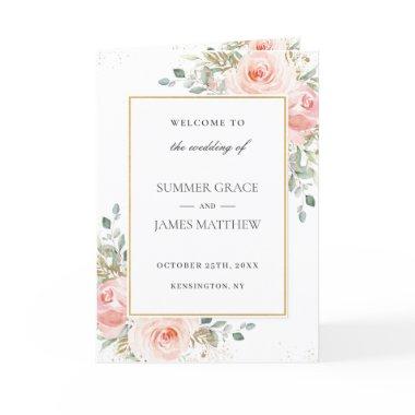 Soft Blush Pink Floral Gold Leafy Wedding Program