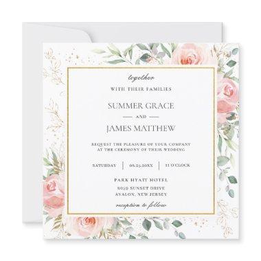 Soft Blush Pink Floral Greenery Wedding Square Invitations