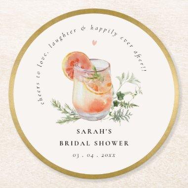 Soft Blush Pink Gold Orange Cocktail Bridal Shower Round Paper Coaster