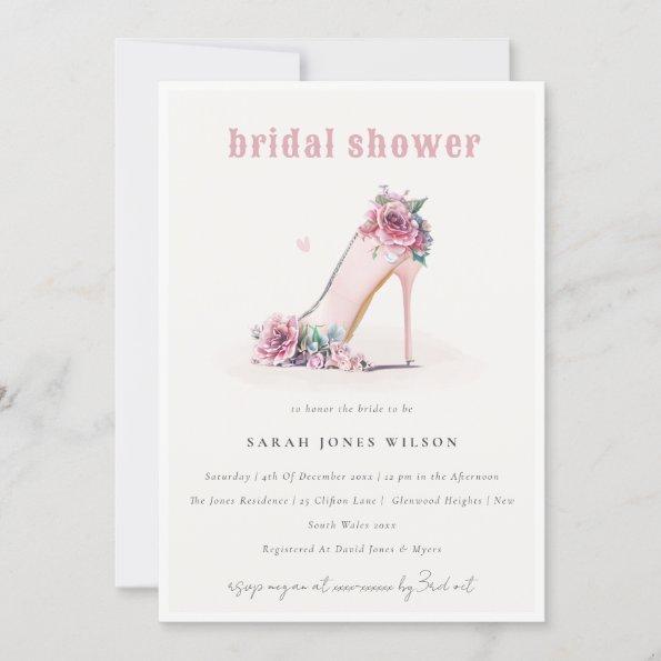 Soft Blush Pink High Heels Floral Bridal Shower Invitations