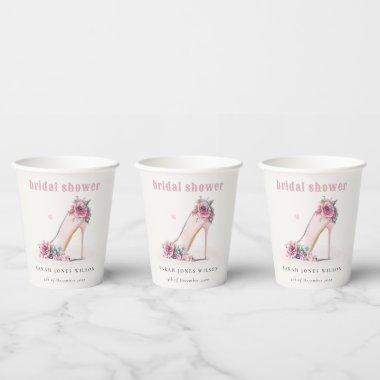 Soft Blush Pink High Heels Floral Bridal Shower Paper Cups