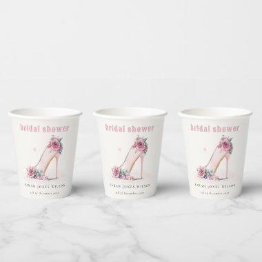 Soft Blush Pink High Heels Floral  Paper Cups