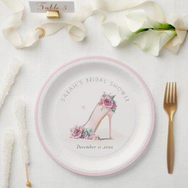 Soft Blush Pink High Heels Floral Bridal Shower Paper Plates