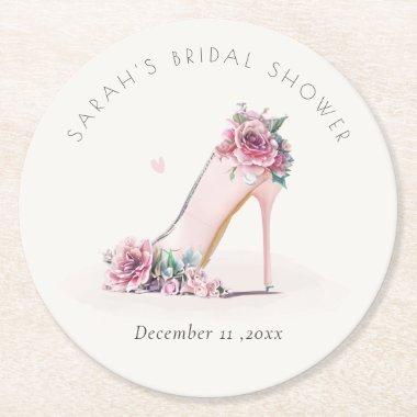 Soft Blush Pink High Heels Floral Bridal Shower Round Paper Coaster