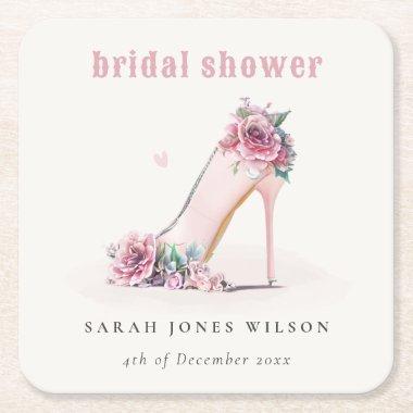 Soft Blush Pink High Heels Floral Bridal Shower Square Paper Coaster