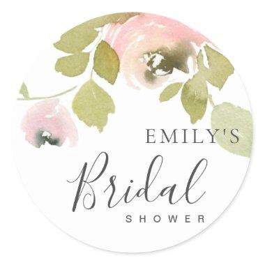 SOFT BLUSH ROSE FLORAL WATERCOLOR BRIDAL SHOWER CLASSIC ROUND STICKER