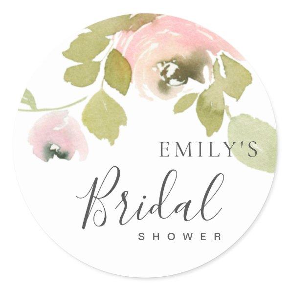 SOFT BLUSH ROSE FLORAL WATERCOLOR BRIDAL SHOWER CLASSIC ROUND STICKER