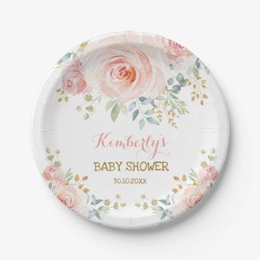 Soft Boho Blush Pink Gold Floral Baby Shower Paper Plate