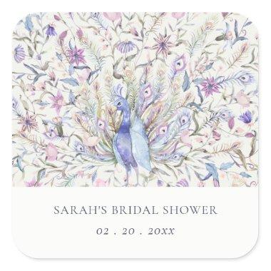 Soft Classy Watercolor Peacock Flora Bridal Shower Square Sticker