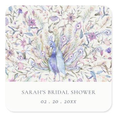 Soft Classy Watercolor Peacock Flora Bridal Shower Square Sticker