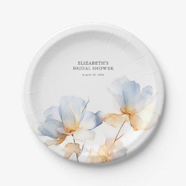 Soft Dusty Blue and Gold Flowers Elegant Paper Plates