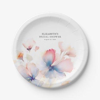 Soft Dusty Blue and Pink Flowers Elegant Paper Plates