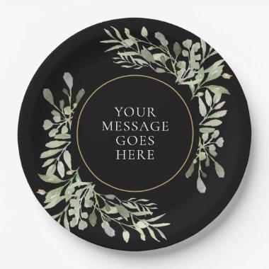 Soft Greenery Leaves Black and Gold Celebration Paper Plates