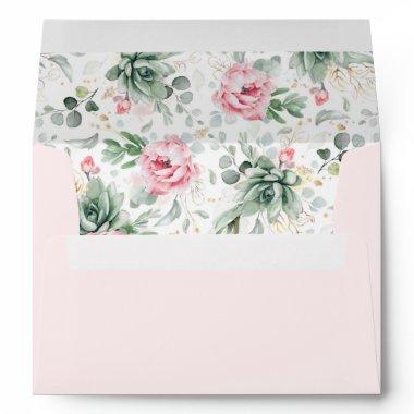 Soft Light Pink Flowers & Elegant Boho Succulents Envelope