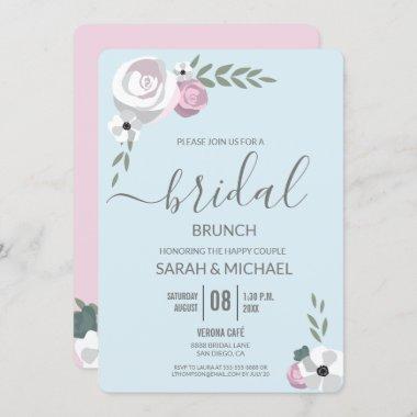 Soft Mist blue blush pink Flower Bridal brunch Invitations