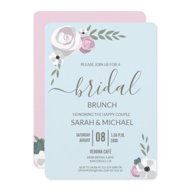 Soft Mist blue blush pink Flower Bridal brunch Invitations