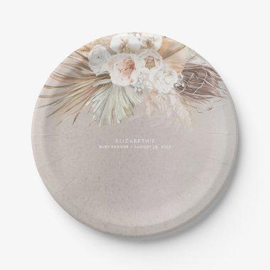 Soft Pastel Brown Pampas Grass and Flowers Paper Plates