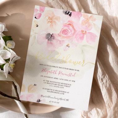 Soft pastel loose floral watercolor bridal shower foil Invitations
