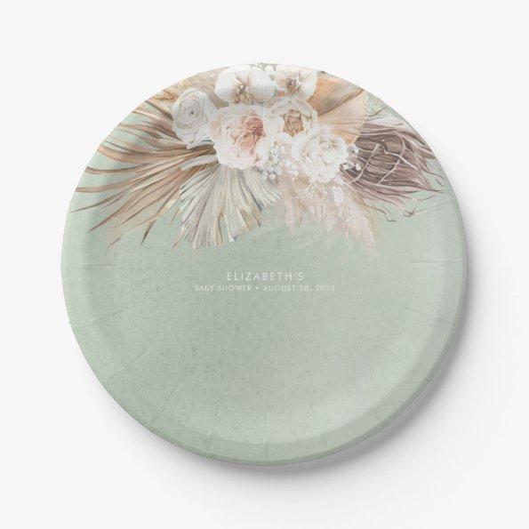 Soft Pastel Sage Green Pampas Grass and Flowers Paper Plates
