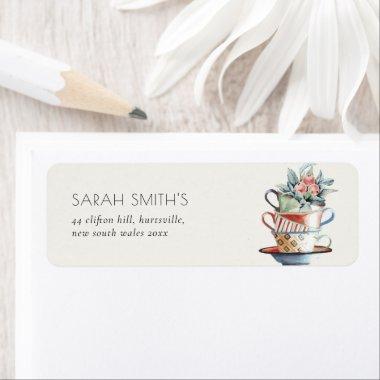 Soft Pastel Stacked Cups Floral Tea Party Address Label
