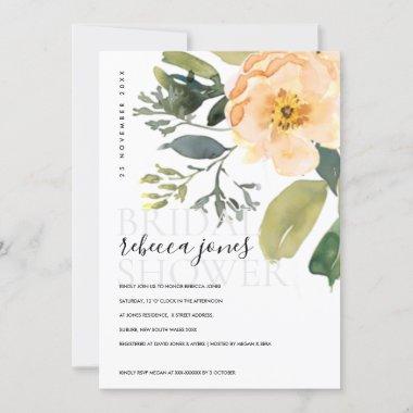 SOFT PEACH PEONY FLORAL WATERCOLOR BRIDAL SHOWER ANNOUNCEMENT