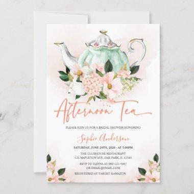 Soft Pink Floral Afternoon Tea Party Bridal Shower Invitations