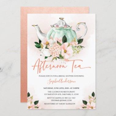 Soft Pink Floral Afternoon Tea Party Bridal Shower Invitations