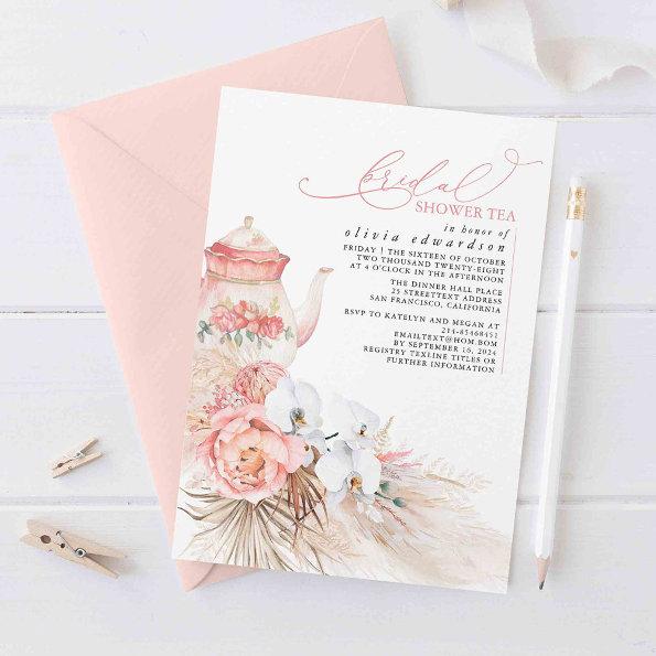 Soft Pink Floral Pampas Grass Bridal Shower Tea Invitations
