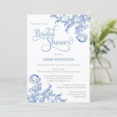 Soft Royal Blue Watercolor Flourish Bridal Shower Invitations