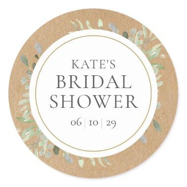 Soft Spring Leaves Rustic Kraft Bridal Shower Classic Round Sticker