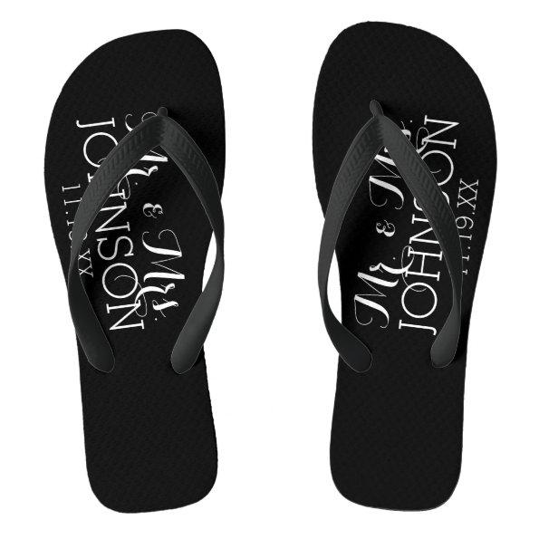 Solid Color Black Mr & Mrs Wedding Memento Flip Flops