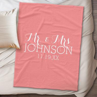 Solid Color Coral Peach - Mr & Mrs Wedding Favors Fleece Blanket