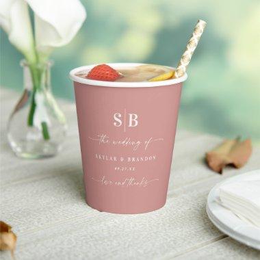 Solid Color Dusty Rose Pink Monogrammed Wedding Paper Cups