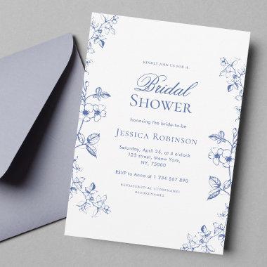 Something Blue Drawn Vintage Flowers Bridal Shower Invitations