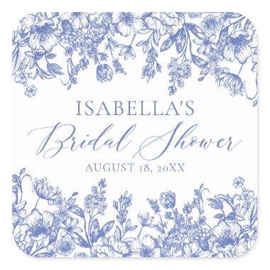 Something Blue Watercolor Flowers Bridal Shower Square Sticker