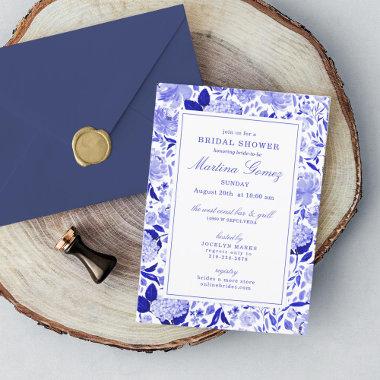 Sophisticated Royal Blue Floral Bridal Shower Invitations