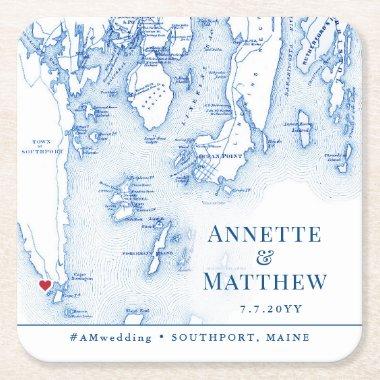 Southport Boothbay Maine Map Wedding Cocktail Hour Square Paper Coaster