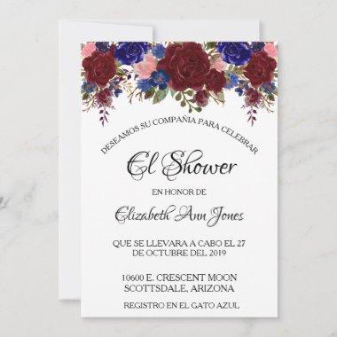 Spanish Bridal Shower Navy Burgundy Floral Invitations