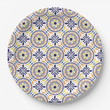 Spanish Navy Yellow Tile mediterranean wedding V2 Paper Plates