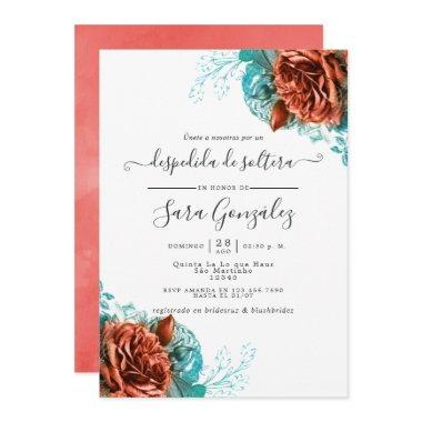 Spanish Turquoise and Coral Floral Bridal Shower Invitations