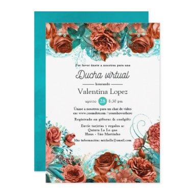 Spanish Turquoise and Coral Floral Virtual Shower Invitations